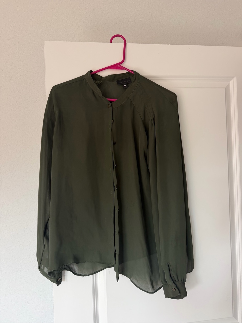 Olive Green Mandarin-Collar Button-Front Blouse